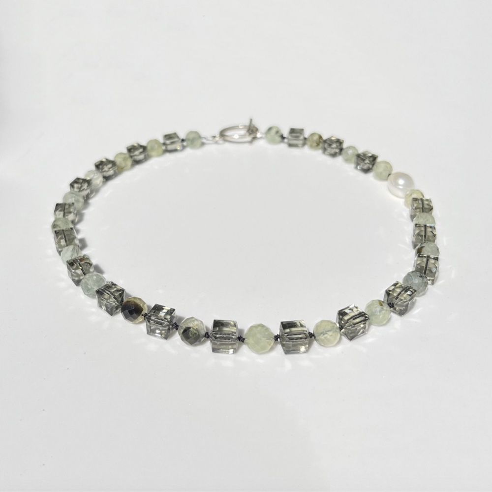 Swarovski and Prehnite Sterling Silver Hand Knotted Necklace